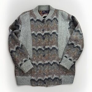 LeRoy Knitwear Cardigan Sweater Mens Large Grey Zigzag Chevron Vintage